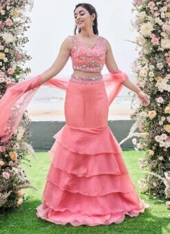Peach Viscose Organza Embroidery Lehenga Choli With Dupatta Wedding Wear -Deals Chic Lehenga Store Peach Viscose Organza Embroidery Lehenga Choli With Dupatta GHMCAA017 u