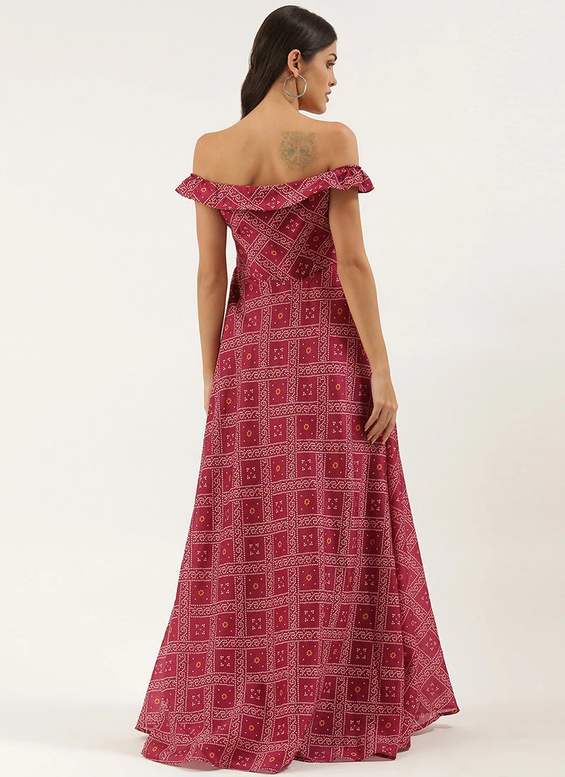 Pink Art Silk Digital Printed Off Shoulder Dress Festive Wear 4 Pink Art Silk Digital Printed Off Shoulder Dress Festive Wear - Image 4