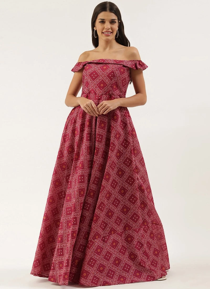 Pink Art Silk Digital Printed Off Shoulder Dress Festive Wear 3 Pink Art Silk Digital Printed Off Shoulder Dress Festive Wear - Image 3