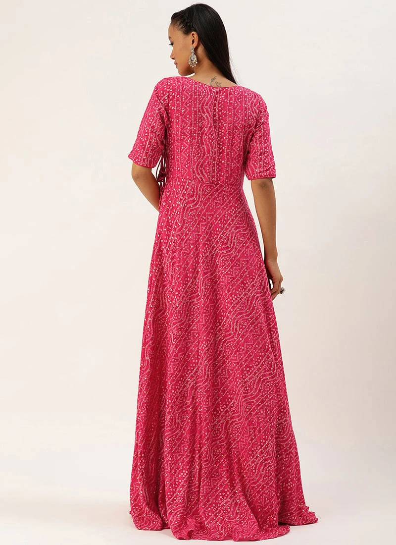 Pink Bandhani Printed Angarkha Gown Festive Wear 4 Pink Bandhani Printed Angarkha Gown Festive Wear - Image 4