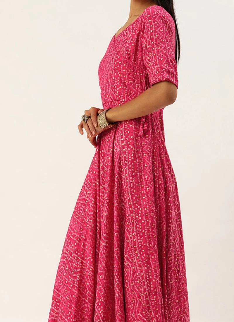 Pink Bandhani Printed Angarkha Gown Festive Wear 1 Pink Bandhani Printed Angarkha Gown Festive Wear