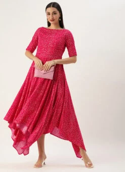 Pink Bandhani Printed Rayon Dress Festive Wear -Deals Chic Lehenga Store Pink Bandhani Printed Rayon Dress DRBS02302261 u