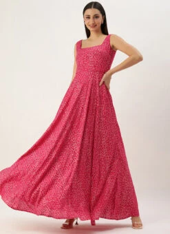 Pink Bandhani Printed Rayon Strap Neck Dress Festive Wear -Deals Chic Lehenga Store Pink Bandhani Printed Rayon Strap Neck Dress DRBS02303755 u