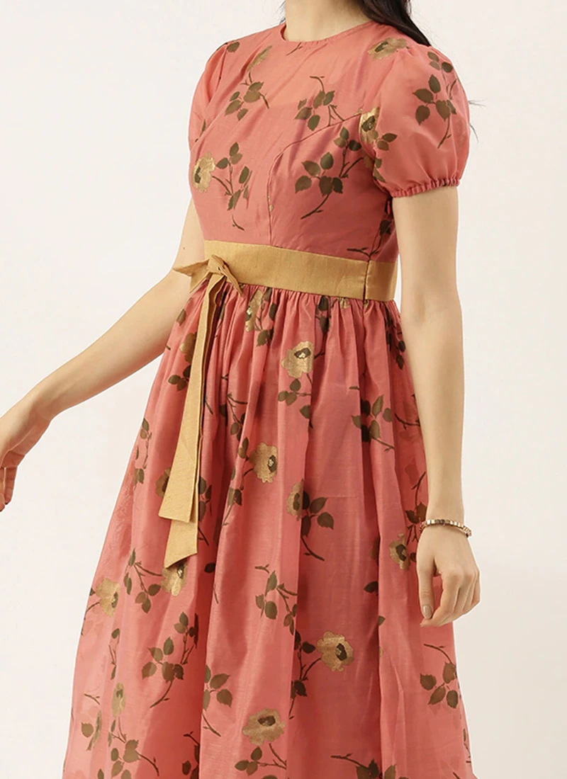 Pink Chanderi Silk Puff Sleeve Dress Festive Wear 1 Pink Chanderi Silk Puff Sleeve Dress Festive Wear