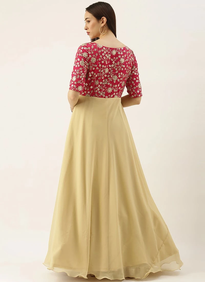 Pink Chinon Embroidered N Beige Gown Festive Wear 4 Pink Chinon Embroidered N Beige Gown Festive Wear - Image 4