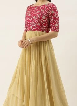 Pink Chinon Embroidered N Beige Gown Festive Wear
