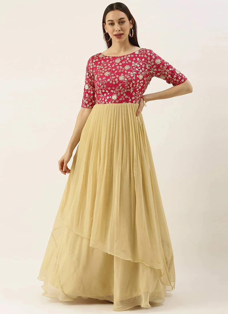 Pink Chinon Embroidered N Beige Gown Festive Wear 3 Pink Chinon Embroidered N Beige Gown Festive Wear - Image 3
