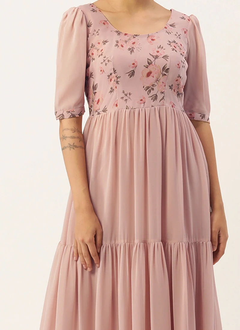 Pink Digital Printed Gathers Dress Festive Wear After Six Wear 1 Pink Digital Printed Gathers Dress Festive Wear After Six Wear