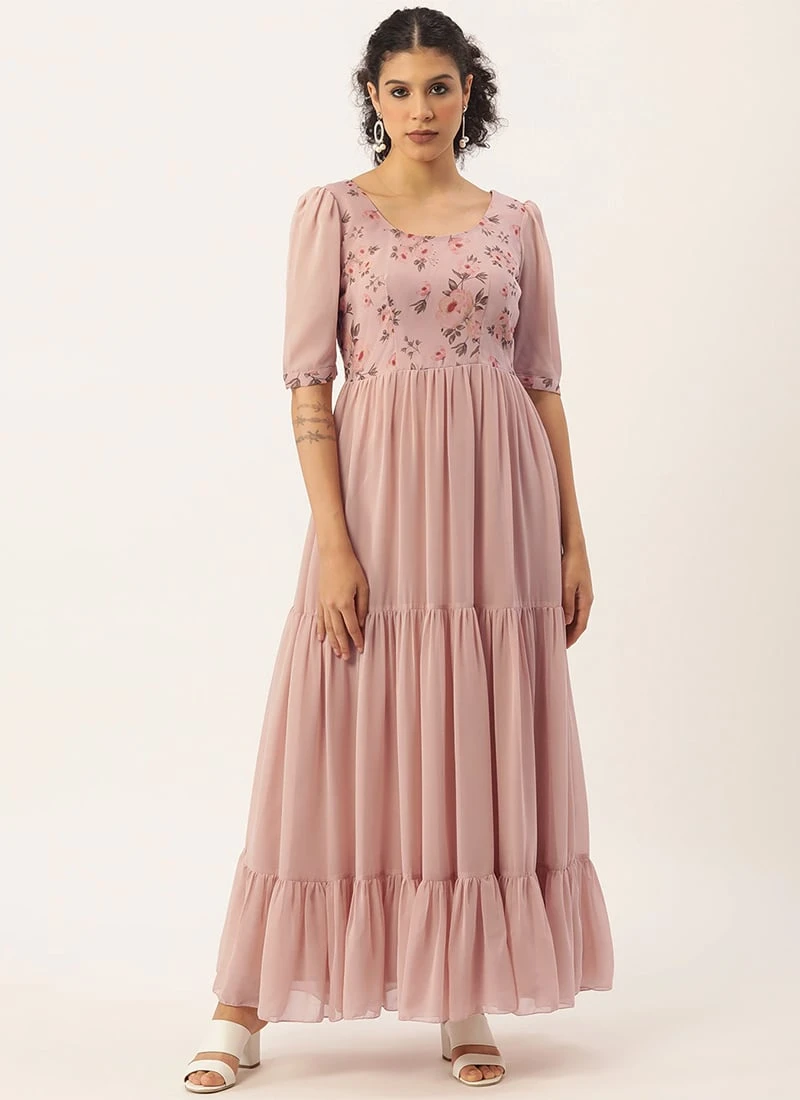 Pink Digital Printed Gathers Dress Festive Wear After Six Wear 3 Pink Digital Printed Gathers Dress Festive Wear After Six Wear - Image 3