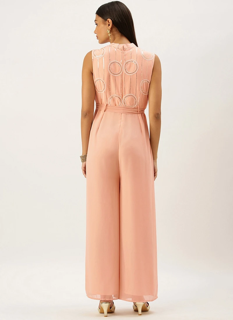 Pink Embroidered Collar Neck Jumpsuit Festive Wear 4 Pink Embroidered Collar Neck Jumpsuit Festive Wear - Image 4