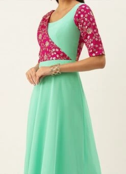Pink Embroidered N Turquoise Overlapping Style Gown Festive Wear