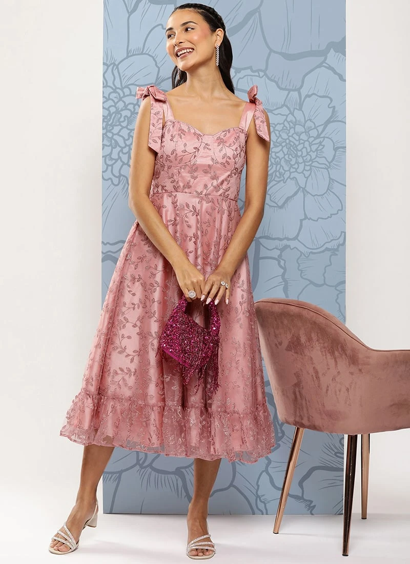 Pink Embroidered Net Corset Style Dress Party Wear 3 Pink Embroidered Net Corset Style Dress Party Wear - Image 3