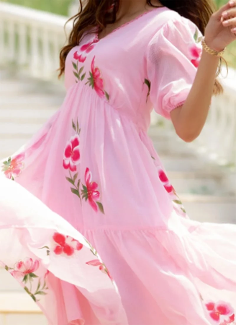 Pink Faux Chiffon Digital Print Fit And Flare Dress After Six Wear 1 Pink Faux Chiffon Digital Print Fit And Flare Dress After Six Wear