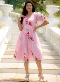 Pink Faux Chiffon Digital Print Fit And Flare Dress After Six Wear 6 Pink Faux Chiffon Digital Print Fit And Flare Dress After Six Wear -Deals Chic Lehenga Store Pink Faux Chiffon Digital Print Fit And Flare Dress DRSSUF1301 u
