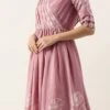 Pink Foil Print Chinnon Pleated Yoke Dress Festive Wear