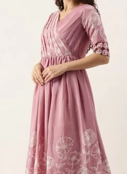 Pink Foil Print Chinnon Pleated Yoke Dress Festive Wear
