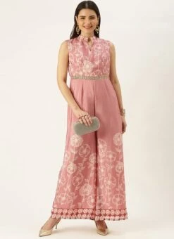 Pink Foil Print Chinon Jumpsuit Party Wear -Deals Chic Lehenga Store Pink Foil Print Chinon Jumpsuit DRBS02201207 u