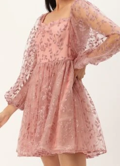 Pink Foil Printed Net Dress Party Wear