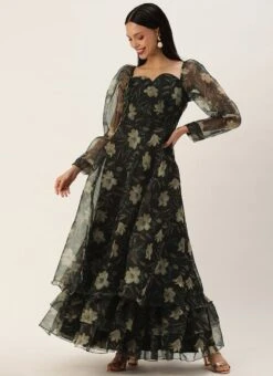 Black Printed Organza Maxi Dress Festive Wear -Deals Chic Lehenga Store Pink Foil Printed organza Maxi Dress DRBS02208513 u 1