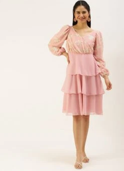 Pink Georgette Embroidered Layered Dress Party Wear -Deals Chic Lehenga Store Pink Georgette Embroidered Layered Dress DRBS02207310 u