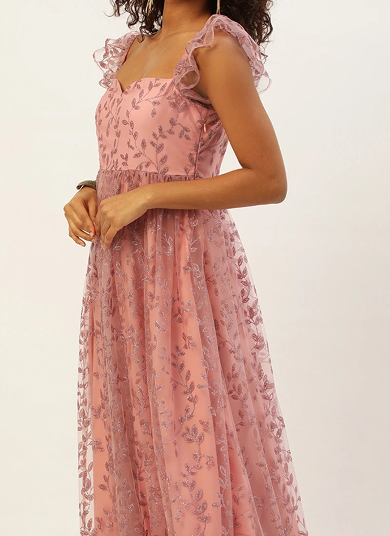 Pink Glitter Foil Tiered Gathers Dress Wedding Wear Party Wear 1 Pink Glitter Foil Tiered Gathers Dress Wedding Wear Party Wear