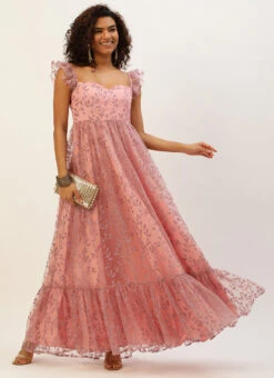 Pink Glitter Foil Tiered Gathers Dress Wedding Wear Party Wear 10 Pink Glitter Foil Tiered Gathers Dress Wedding Wear Party Wear -Deals Chic Lehenga Store Pink Glitter Foil Tiered Gathers Dress DRBS02209690 u