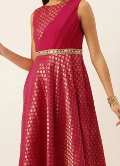 Pink Jacquard Draped Yoke Gown Party Wear