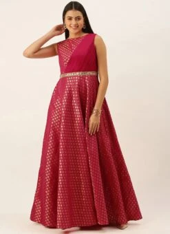 Pink Jacquard Draped Yoke Gown Party Wear -Deals Chic Lehenga Store Pink Jacquard Draped Yoke Gown IWBS02201205 u