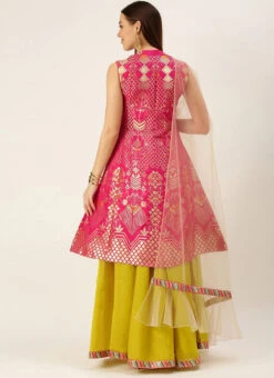 Pink Jacquard Kali N Yellow Lehenga Set Party Wear -Deals Chic Lehenga Store Pink Jacquard Kali N Yellow Lehenga Set GHBS02109744 b