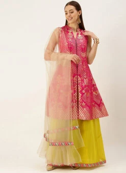 Pink Jacquard Kali N Yellow Lehenga Set Party Wear -Deals Chic Lehenga Store Pink Jacquard Kali N Yellow Lehenga Set GHBS02109744 u