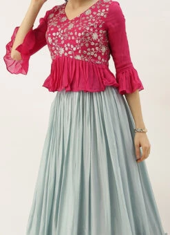 Pink N Blue Embroidered Tired Lehenga Set Festive Wear