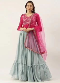 Pink N Blue Embroidered Tired Lehenga Set Festive Wear -Deals Chic Lehenga Store Pink N Blue Embroidered Tired Lehenga Set GHBS02102945 u