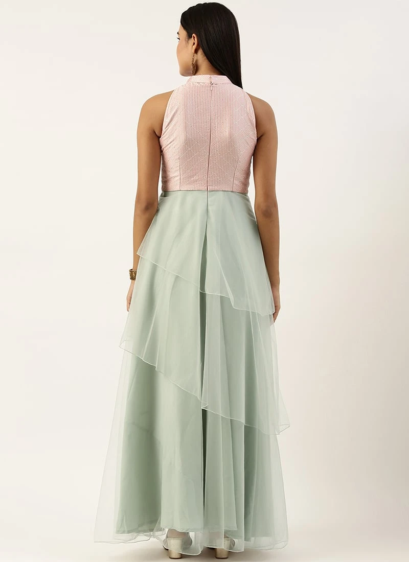 Pink N Green Embroidered Asymmetric Gown Festive Wear 4 Pink N Green Embroidered Asymmetric Gown Festive Wear - Image 4