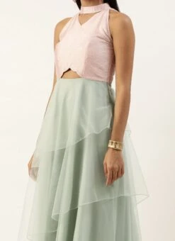 Pink N Green Embroidered Asymmetric Gown Festive Wear