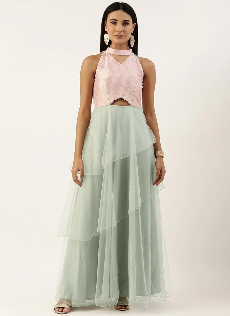 Pink N Green Embroidered Asymmetric Gown Festive Wear 3 Pink N Green Embroidered Asymmetric Gown Festive Wear - Image 3