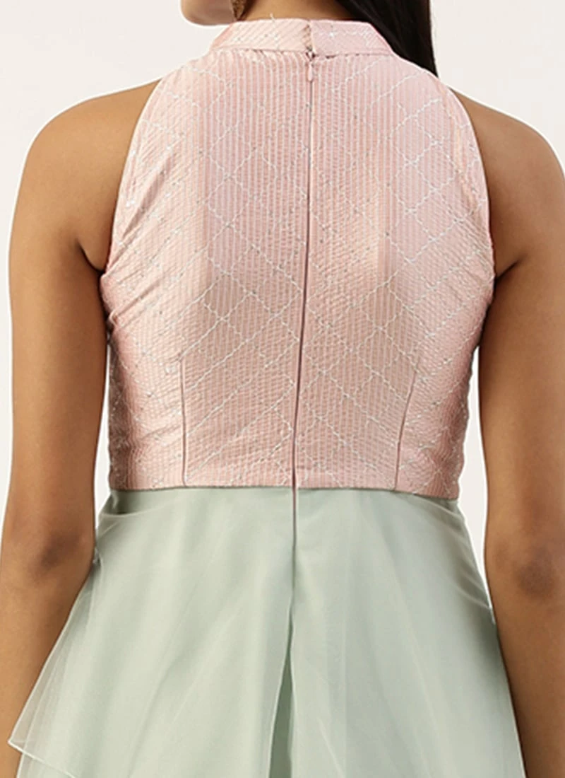 Pink N Green Embroidered Asymmetric Gown Festive Wear 6 Pink N Green Embroidered Asymmetric Gown Festive Wear - Image 6