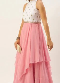 Pink N White Embroidered Handkerchief Gown Party Wear