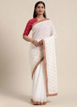 Pink N White Low V Neck Saree Festive Wear -Deals Chic Lehenga Store Pink N White Low V Neck Saree SABS01912125 u