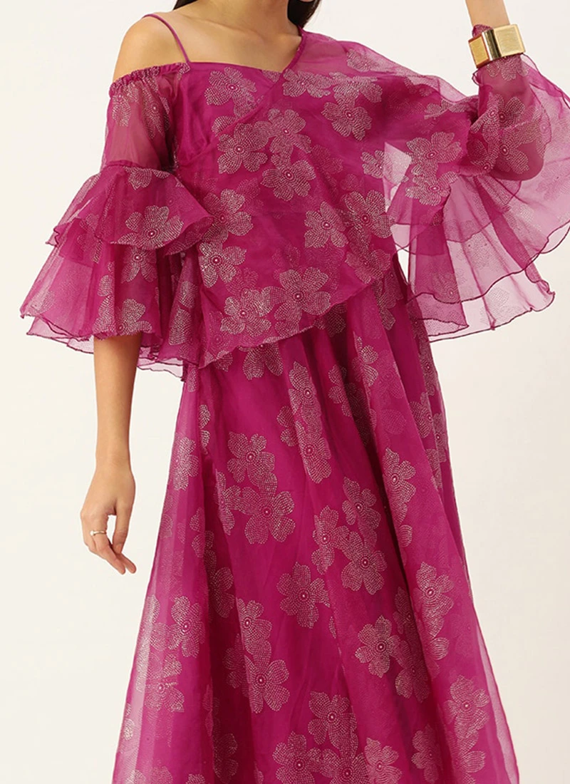 Pink Organza Foil Printed Dress Party Wear 1 Pink Organza Foil Printed Dress Party Wear