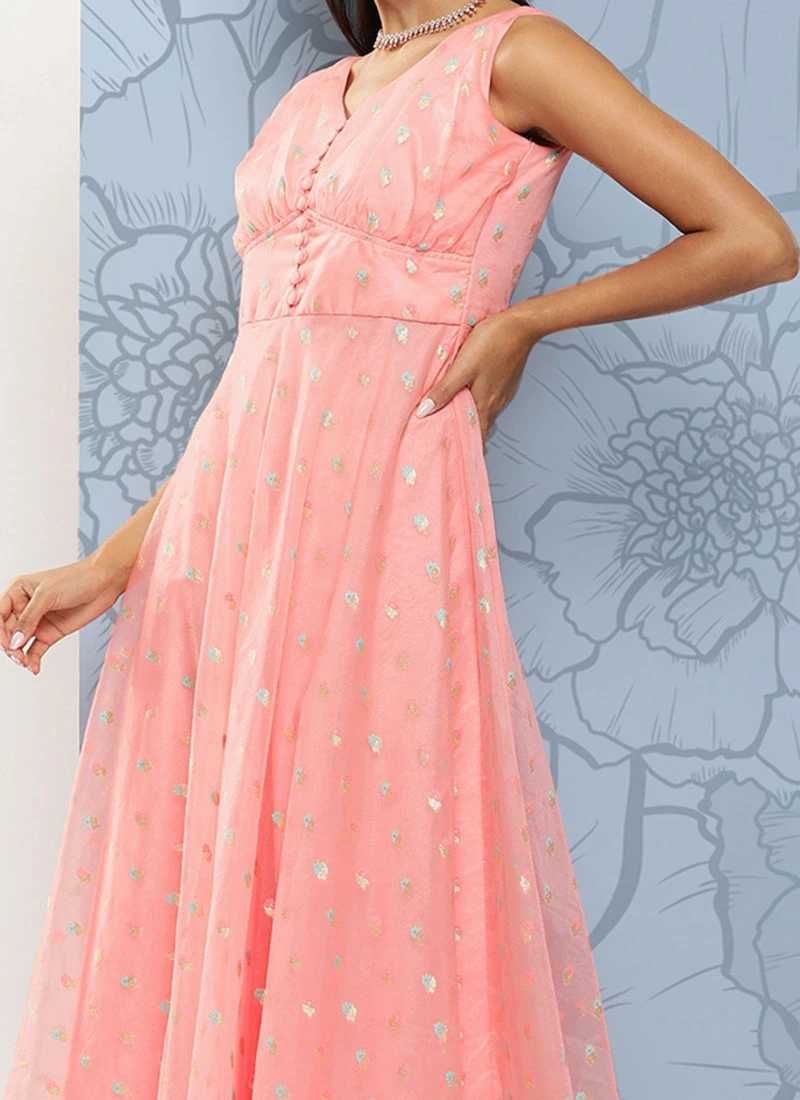 Pink Organza Jacquard Maxi Dress Festive Wear 1 Pink Organza Jacquard Maxi Dress Festive Wear