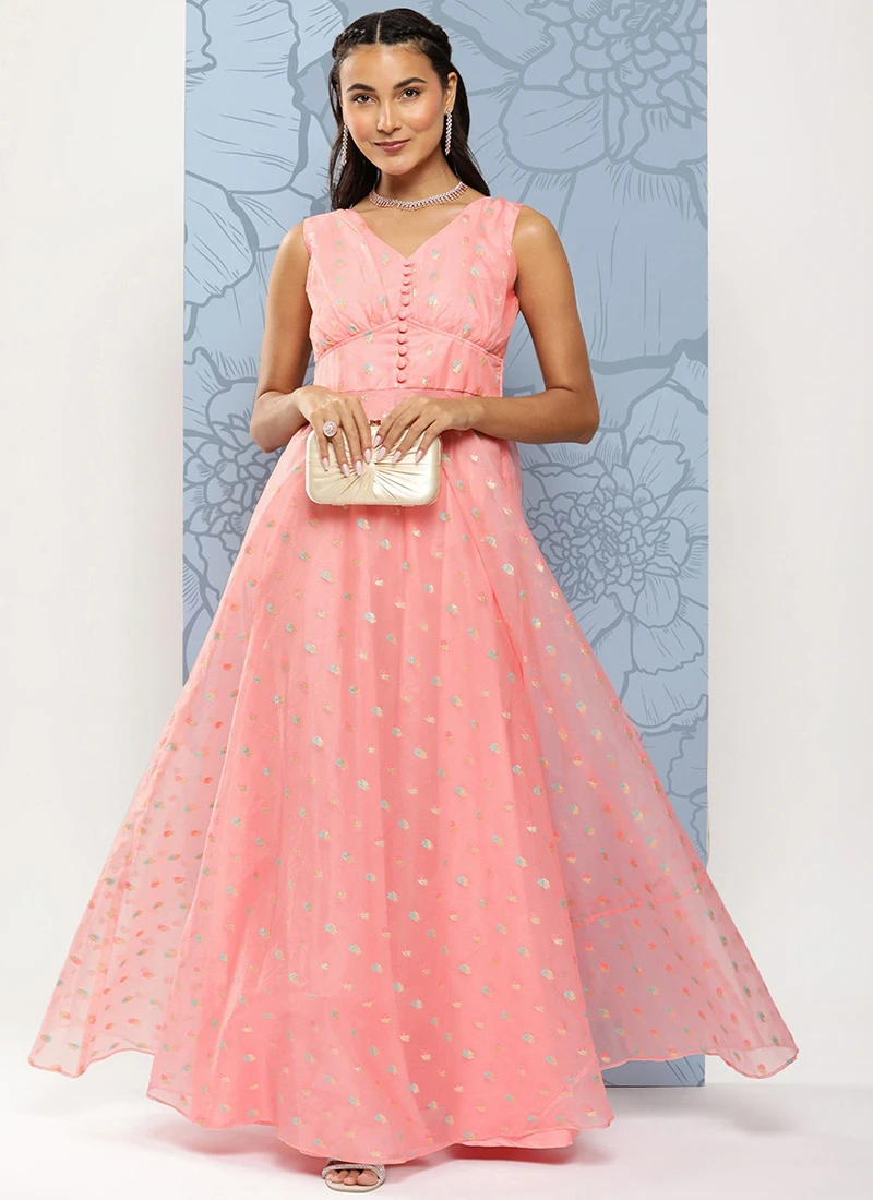 Pink Organza Jacquard Maxi Dress Festive Wear 3 Pink Organza Jacquard Maxi Dress Festive Wear - Image 3