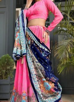 Pink Satin Silk Digital Printed Work A Line Lehenga Navy Blue Dupatta Festive Wear