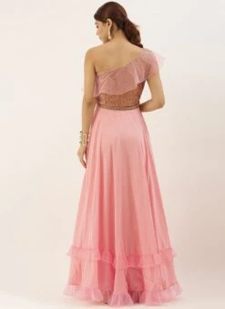 Pink Sequin Embroidered One Shoulder Gown Party Wear -Deals Chic Lehenga Store Pink Sequin Embroidered One Shoulder Gown IWBS02007299 b