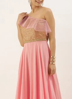 Pink Sequin Embroidered One Shoulder Gown Party Wear