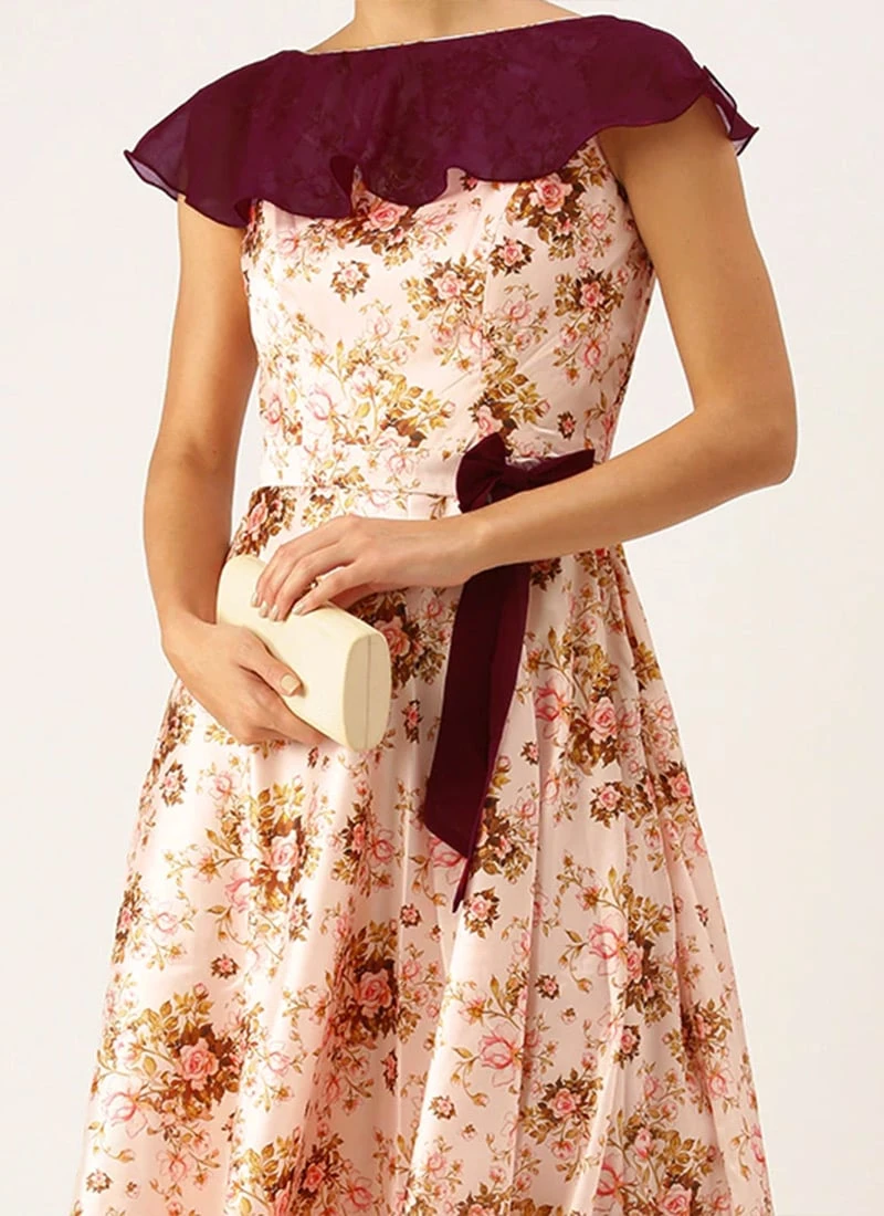Pink Taffeta Digital Printed N Burgundy Dress Festive Wear 1 Pink Taffeta Digital Printed N Burgundy Dress Festive Wear
