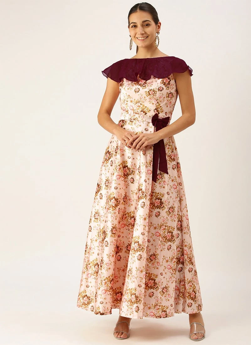 Pink Taffeta Digital Printed N Burgundy Dress Festive Wear 3 Pink Taffeta Digital Printed N Burgundy Dress Festive Wear - Image 3