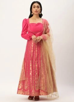 Pink Taffeta Jacquard Anarkali Set Festive Wear -Deals Chic Lehenga Store Pink Taffeta Jacquard Anarkali Set SLBS02301044 u 1