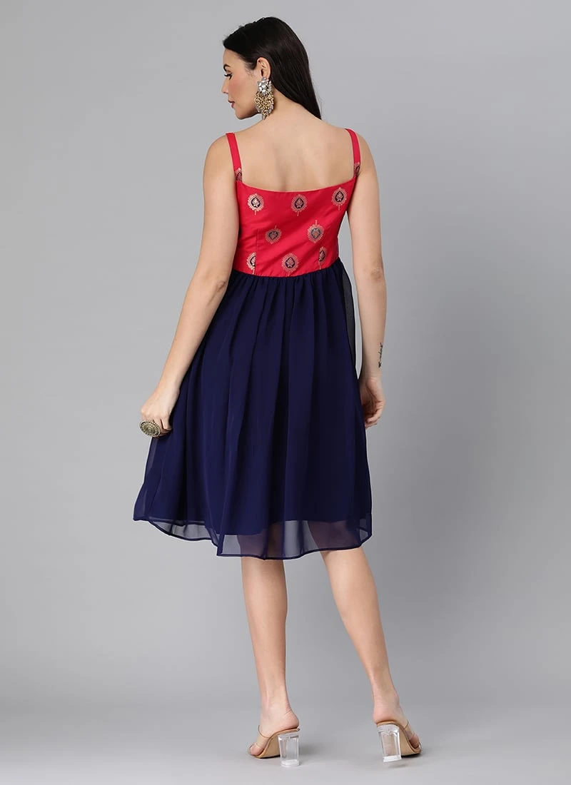 Pink Taffeta Jacquard N Navy Blue Dress Festive Wear 4 Pink Taffeta Jacquard N Navy Blue Dress Festive Wear - Image 4
