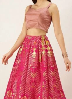 Peach Jacquard N Green Art Silk Lehenga Festive Wear
