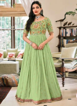 Pista Green Georgette Embroidered N Stones Anarkali Suit Party Wear -Deals Chic Lehenga Store Pista Green Georgette Embroidered N Stones Anarkali Suit SLSAK30041380 u